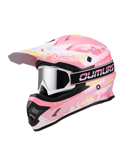 Oumurs 805 motocross helmet in pink with matching goggles, left front three-quarter view