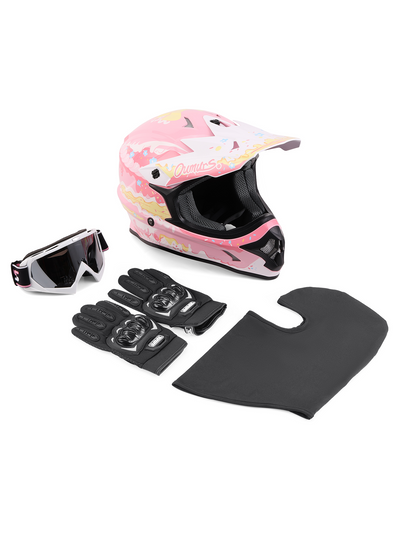 An Oumurs 805 pink motocross helmet displayed with its matching accessories, including a pair of black gloves, a pair of matching goggles, and a black balaclava.