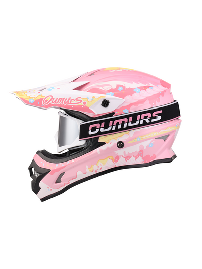 Oumurs 805 Pink motocross helmet with matching goggles, left side view
