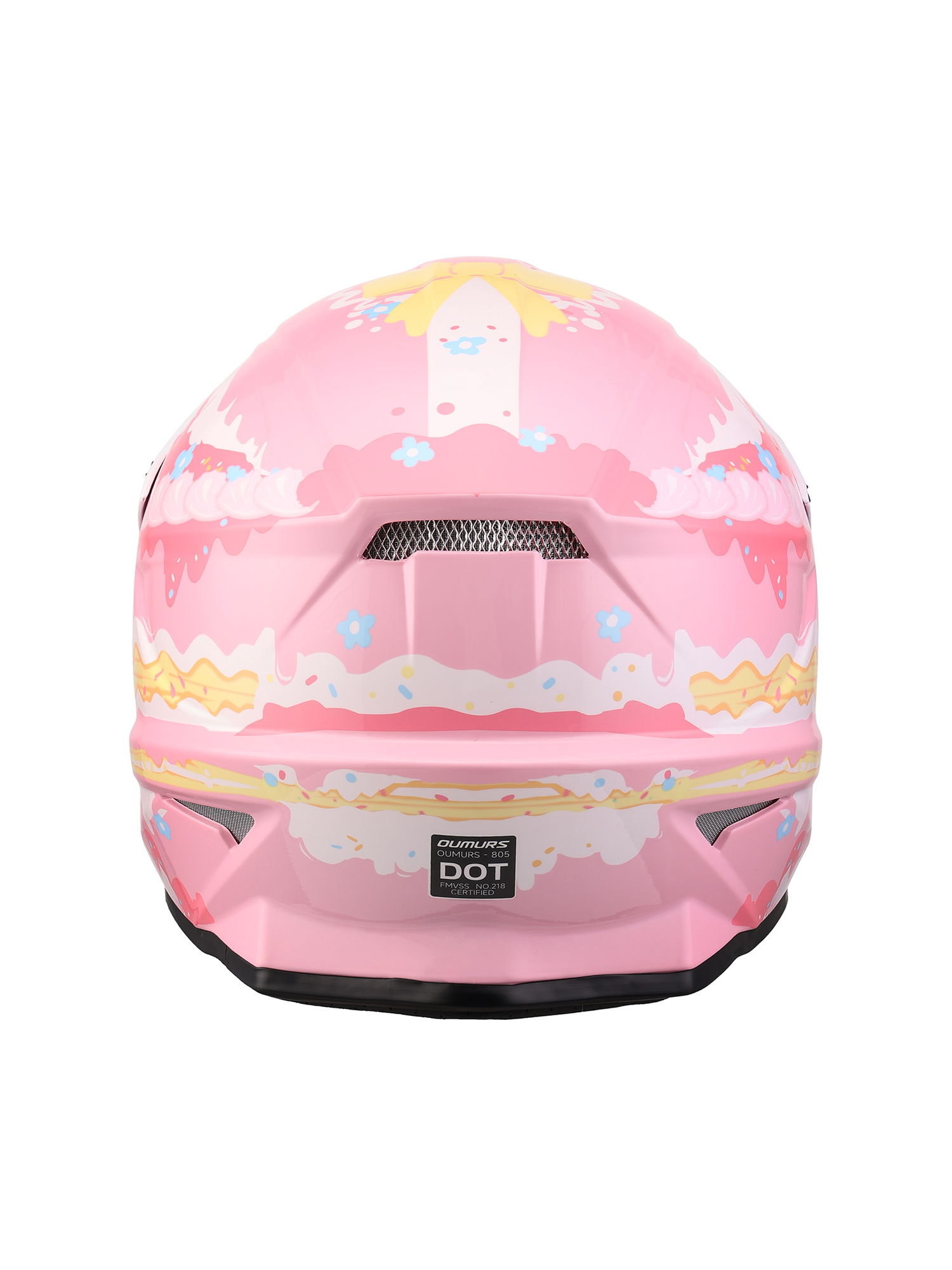 Oumurs 805 Pink off-road helmet shown from the rear, featuring the brand name and DOT FMVSS 218 certification label.