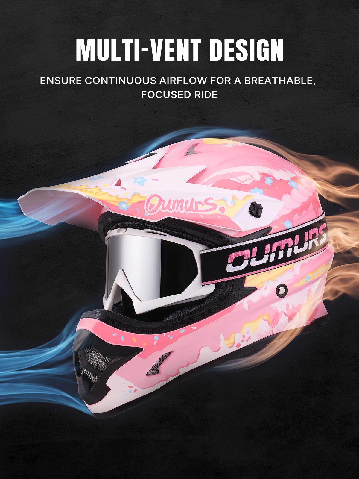 Oumurs 805 Pink off-road helmet with goggles featuring multi-vent airflow design showing fresh, cool air intake and stale air exhaust.