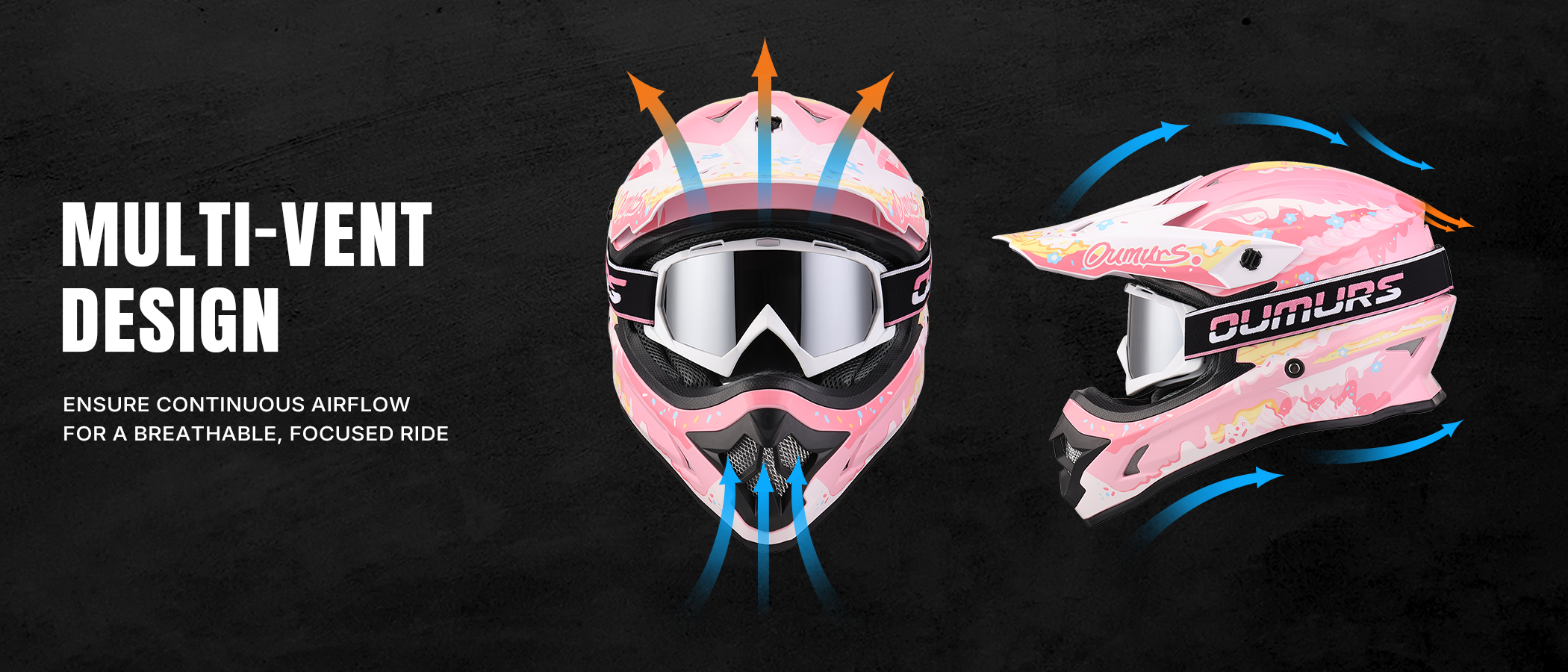 Front and side view of the Oumurs 805 Pink off-road helmet showing multi-vent design, with arrows indicating airflow entering through the front, top, and side vents and exiting the rear vent.