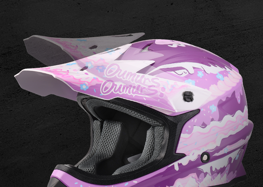 Close-up of the Oumurs 805 Purple off-road helmet's adjustable peak lifted at an different angle.