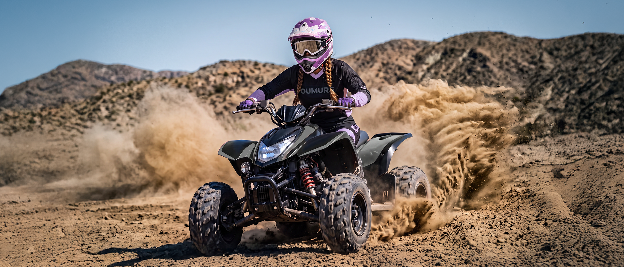 A woman wearing an Oumurs 805 Purple off-road helmet rides an ATV through the desert while kicking up dust.