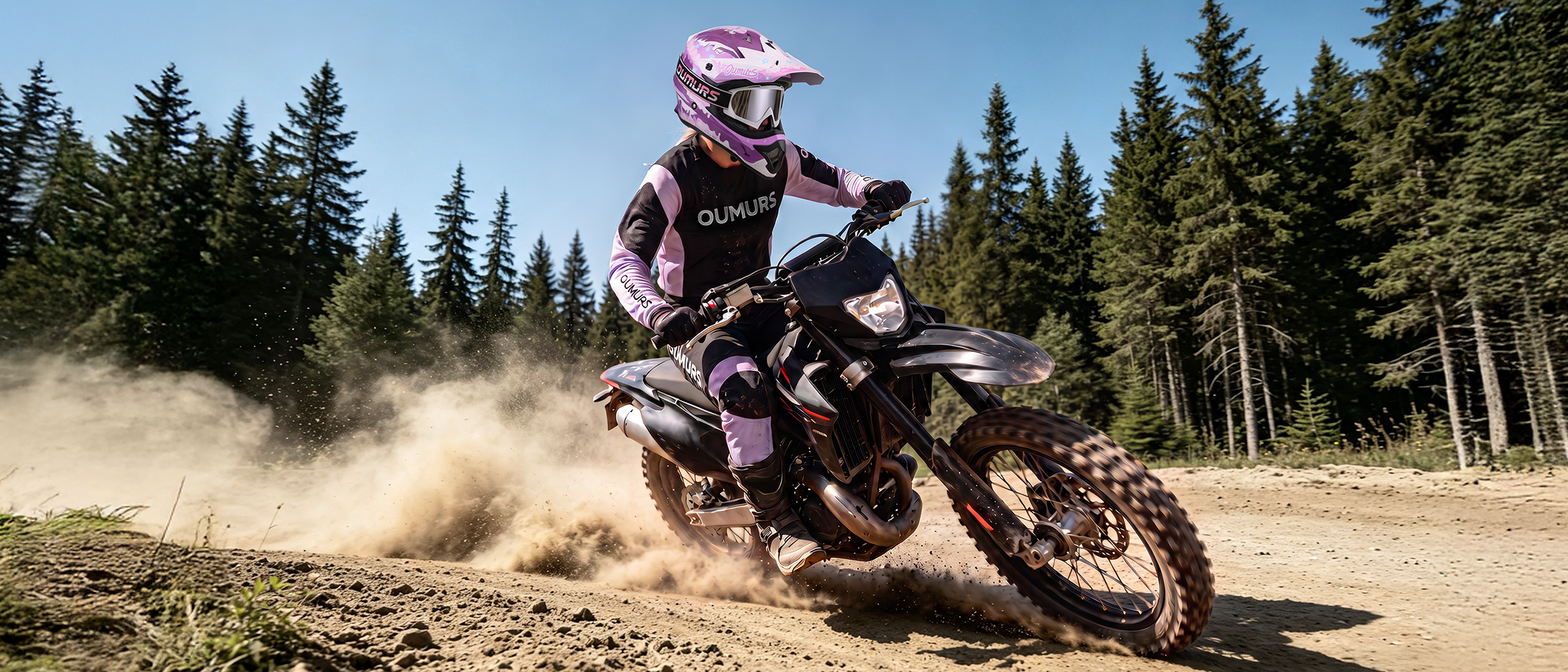 A rider wearing an Oumurs 805 Purple off-road helmet maneuvers a dirt bike kicking up dust on a forest trail.