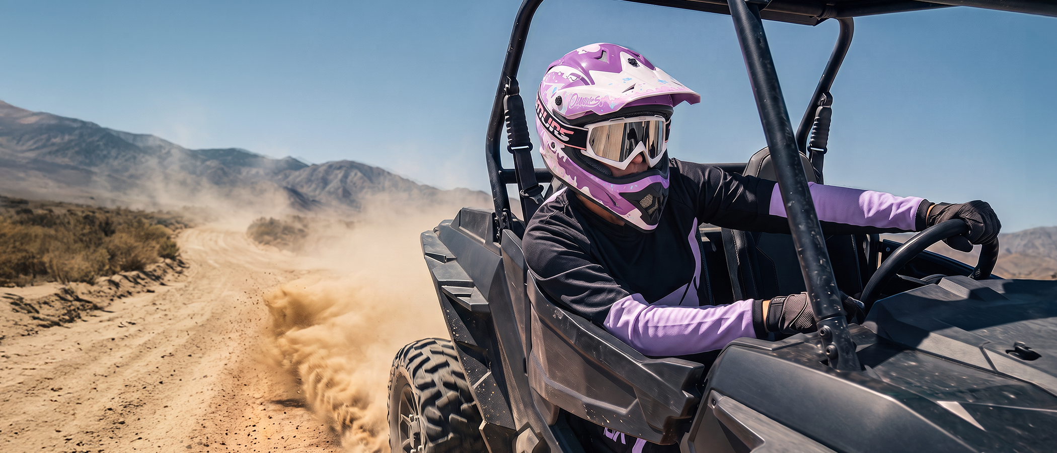 A person wearing an Oumurs 805 purple off-road helmet drives a black UTV on a desert road with mountains in the background.