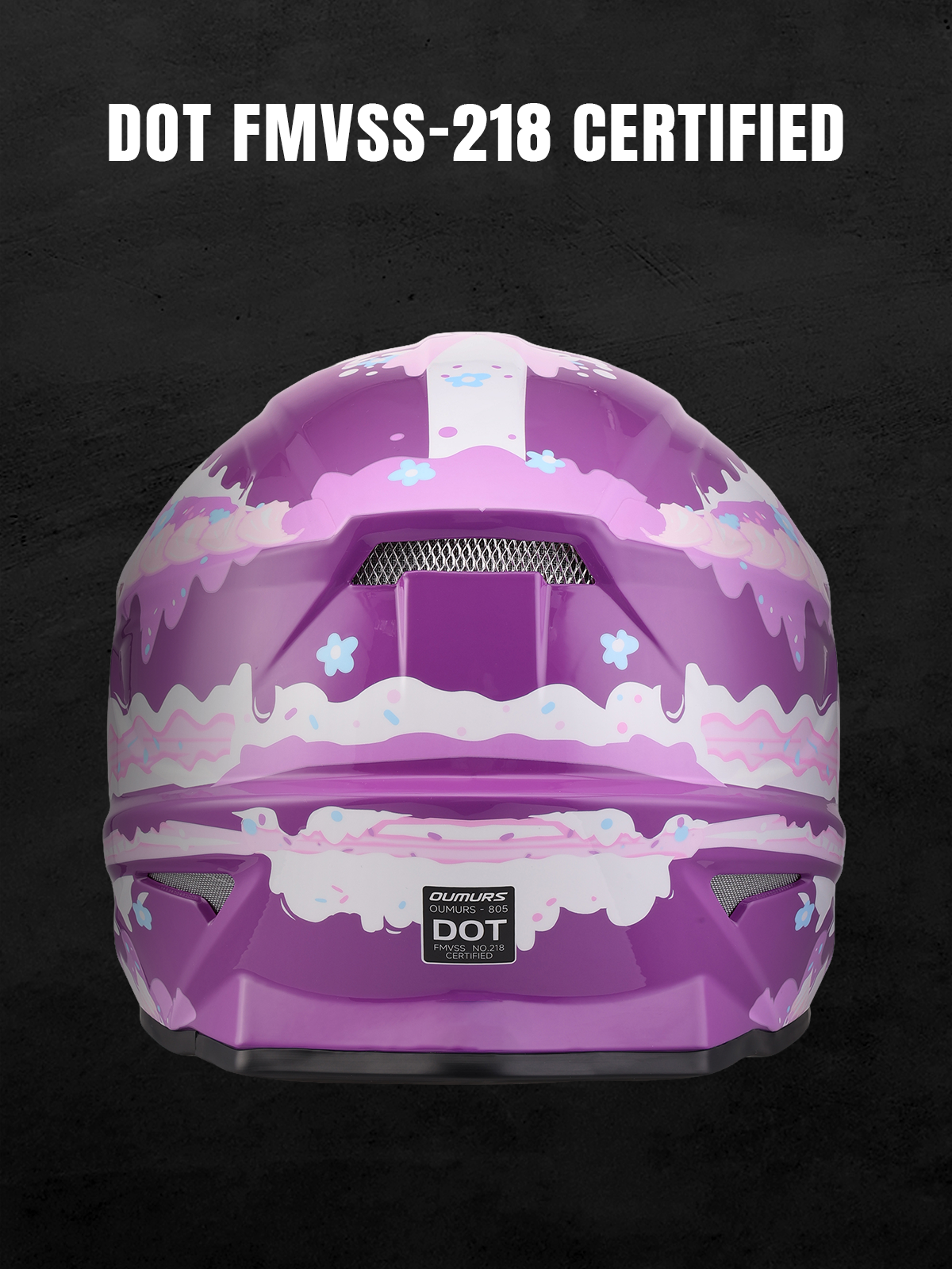 Oumurs 805 Purple off-road helmet shown from the rear, featuring the brand name and DOT FMVSS 218 certification label.