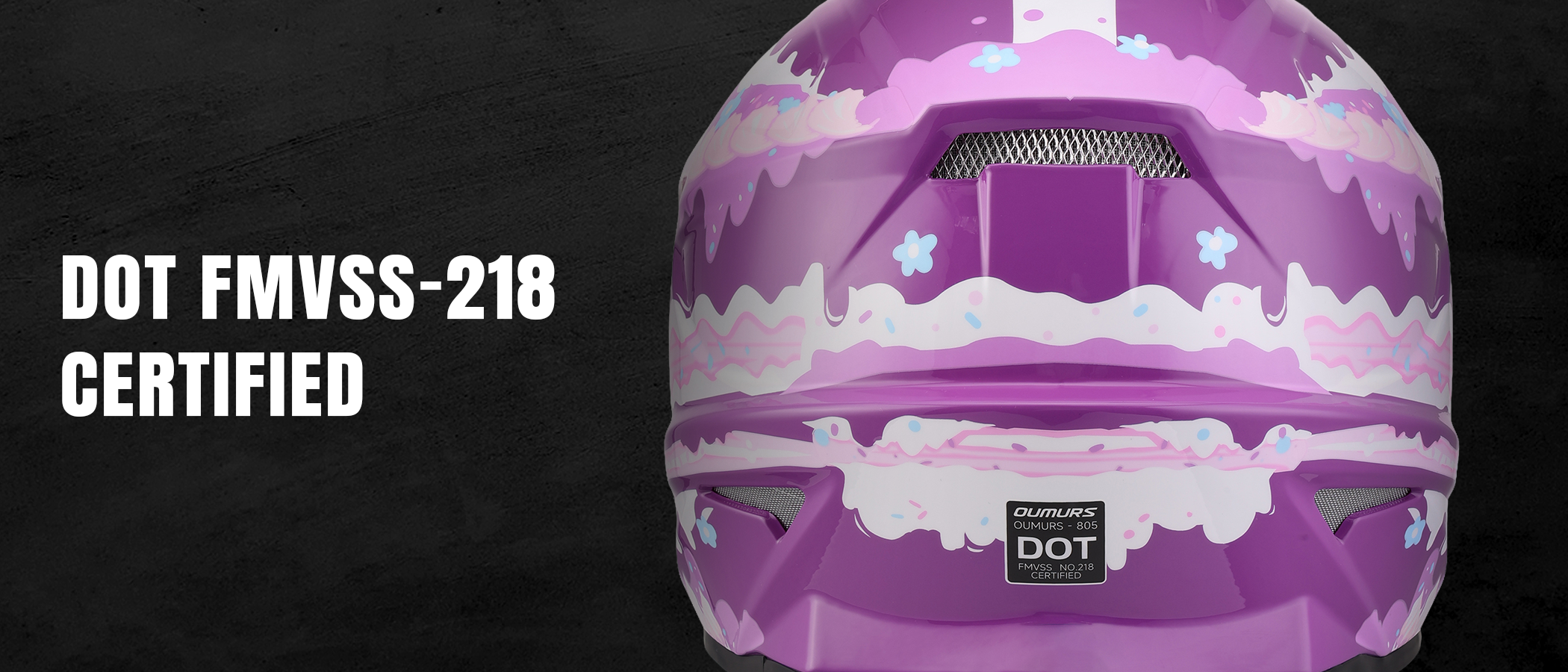 Oumurs 805 Purple off-road helmet shown from the rear, featuring the brand name and DOT FMVSS 218 certification label.