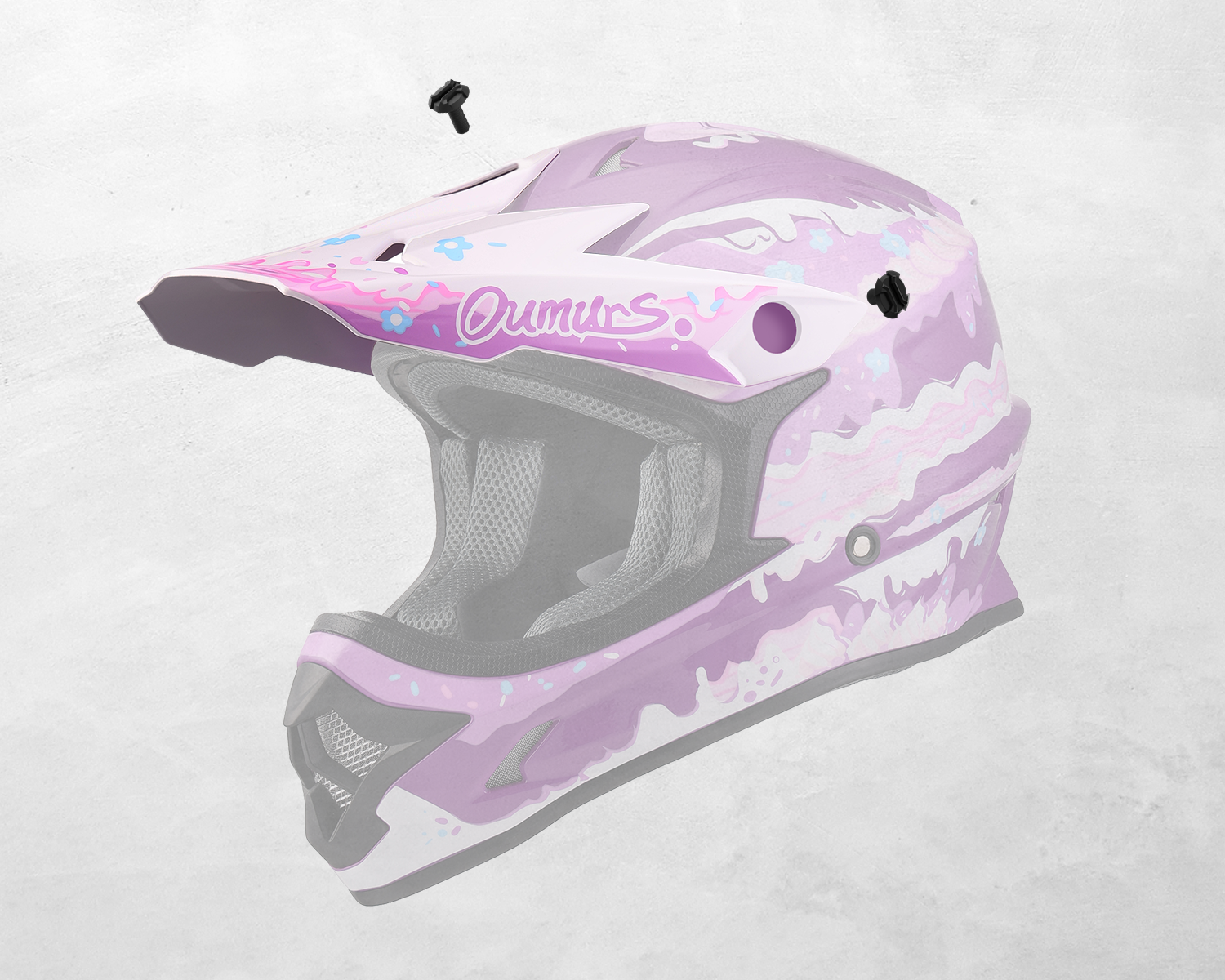 The Oumurs 805 Purple off-road helmet's peak shown detached with mounting screws.