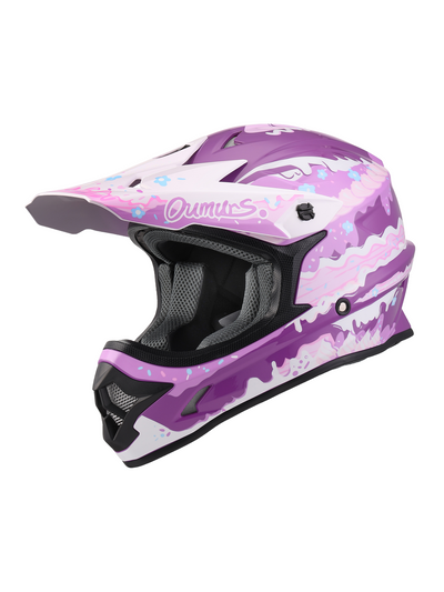 Oumurs 805 Purple motocross helmet, left front three-quarter view