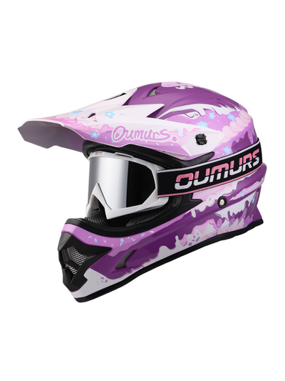 Oumurs 805 purple motocross helmet with matching goggles, left front three-quarter view