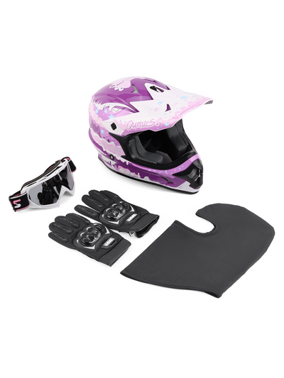 An Oumurs 805 purple motocross helmet displayed with its matching accessories, including a pair of black gloves, a pair of matching goggles, and a black balaclava.