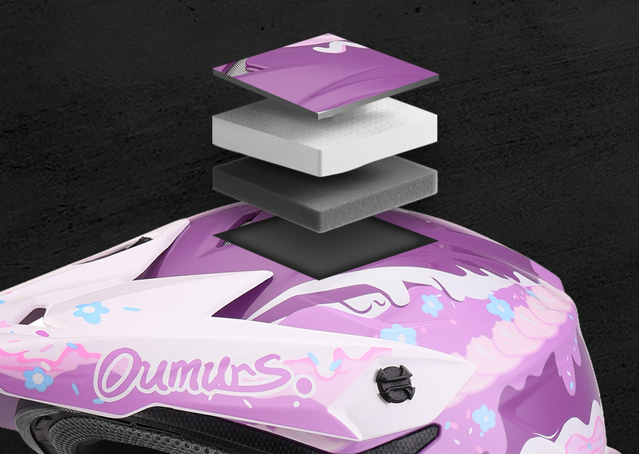 Exploded view of the Oumurs 805 Purple off-road helmet's layers: ABS hard shell, EPS buffer layer, and comfort cushioning lining.