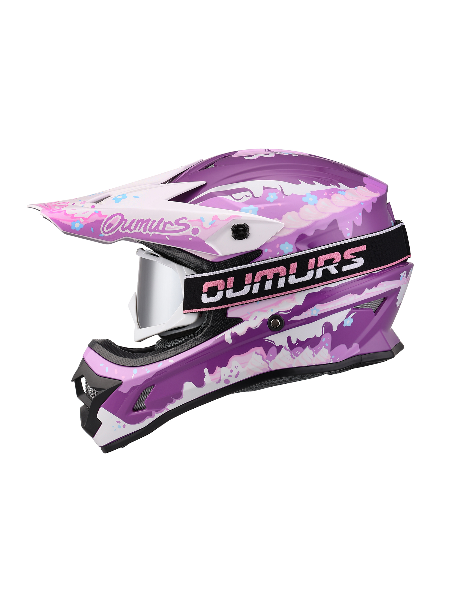 Oumurs 805 Purple motocross helmet with matching goggles, left side view