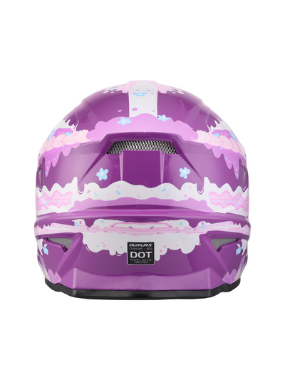 Oumurs 805 Purple off-road helmet shown from the rear, featuring the brand name and DOT FMVSS 218 certification label.