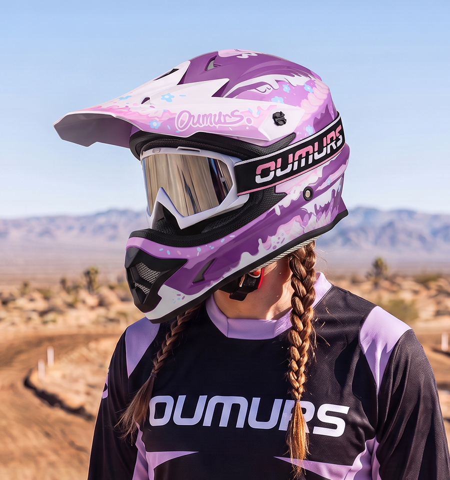 A rider wearing an Oumurs 805 Purple off-road helmet with UV-protective 