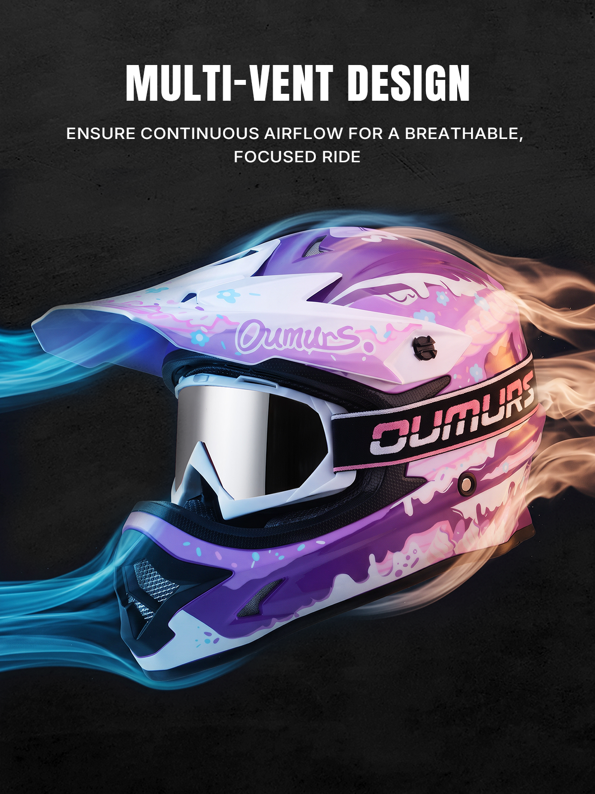 Oumurs 805 Purple off-road helmet with goggles featuring multi-vent airflow design showing fresh, cool air intake and stale air exhaust.