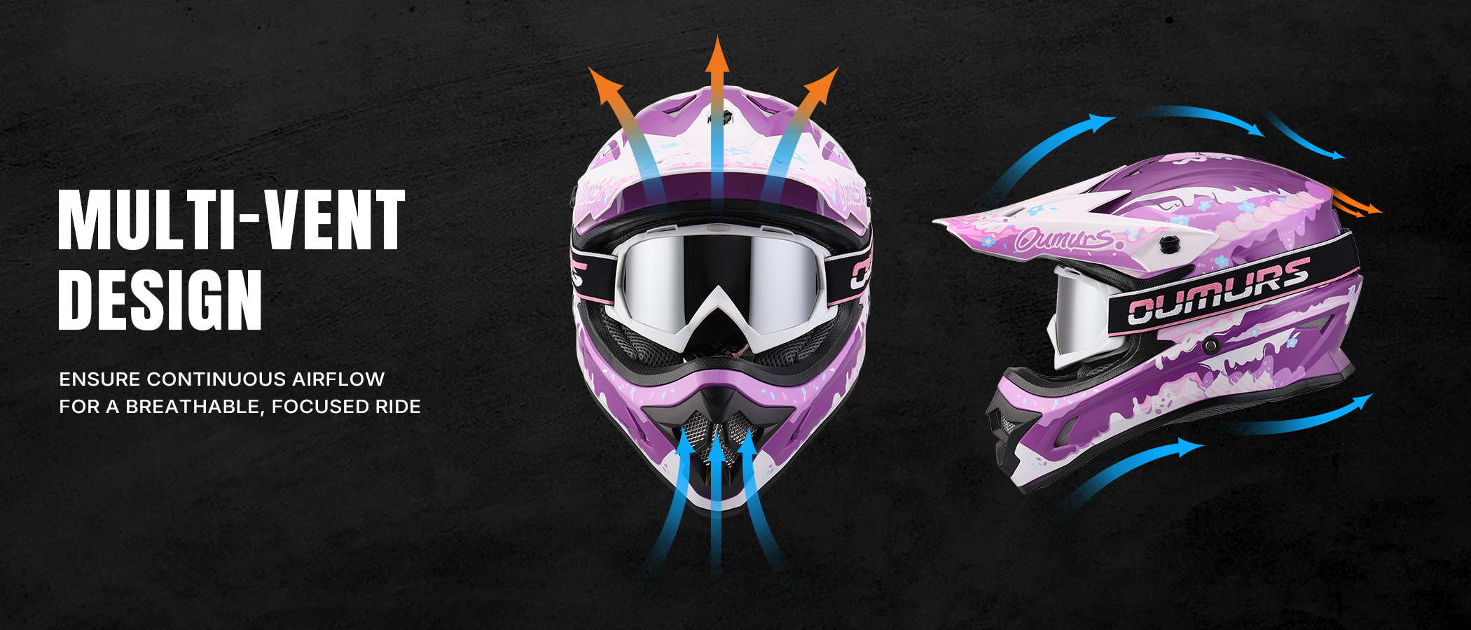 Front and side view of the Oumurs 805 Purple off-road helmet showing multi-vent design, with arrows indicating airflow entering through the front, top, and side vents and exiting the rear vent.