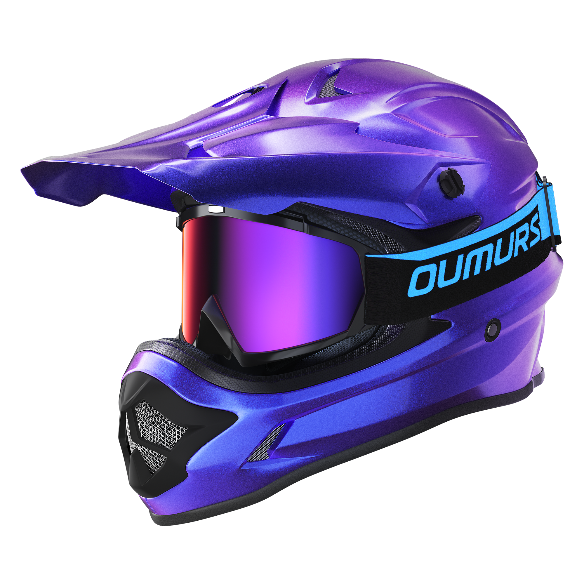 Oumurs 805 Chameleon Purple motocross helmet in purple-to-blue color-shift finish with matching goggles, left front three-quarter view