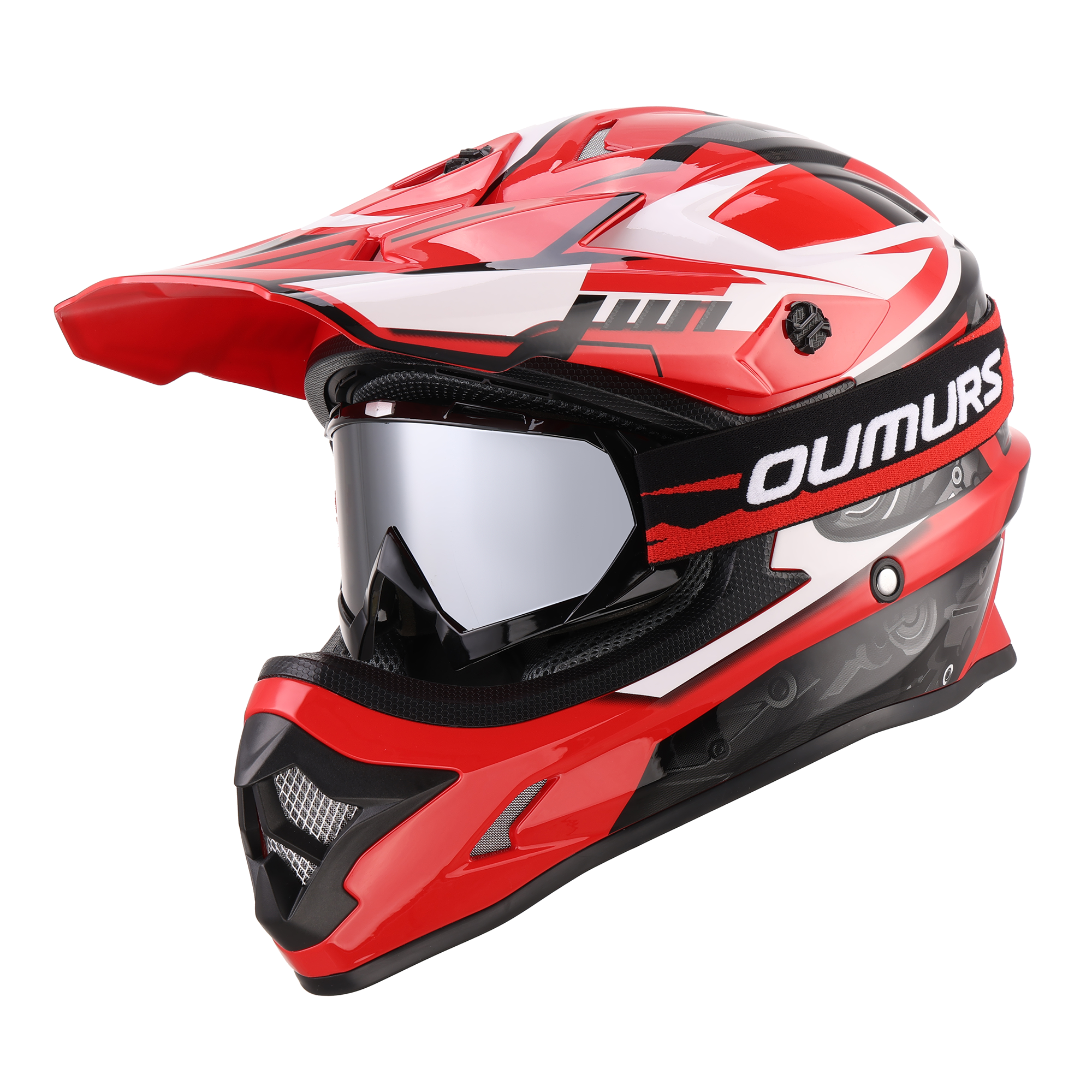 Oumurs 805 Engine Red motocross helmet with matching goggles, left front three-quarter view