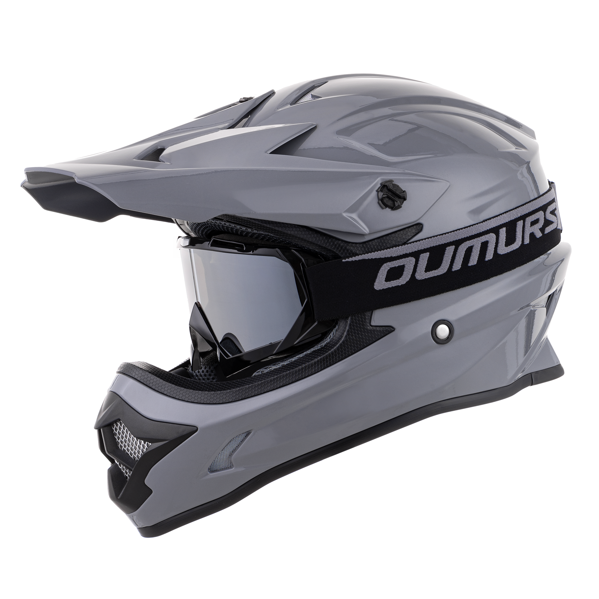 Oumurs 805 Gray motocross helmet with matching goggles, left front three-quarter view