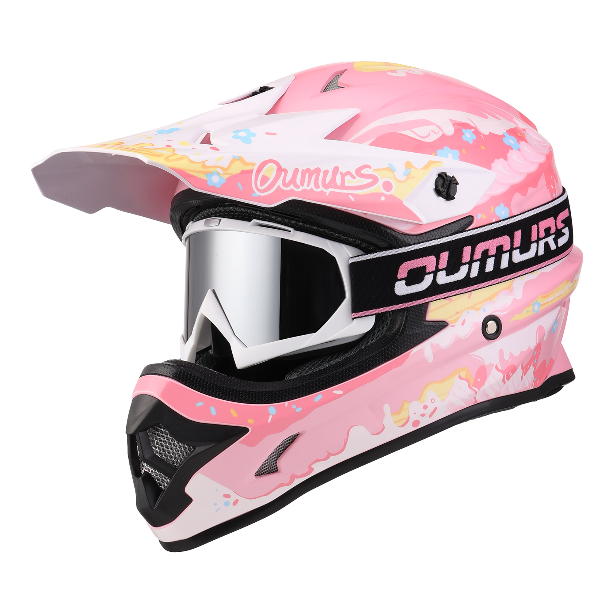 Oumurs 805 Pink motocross helmet with matching goggles, left front three-quarter view