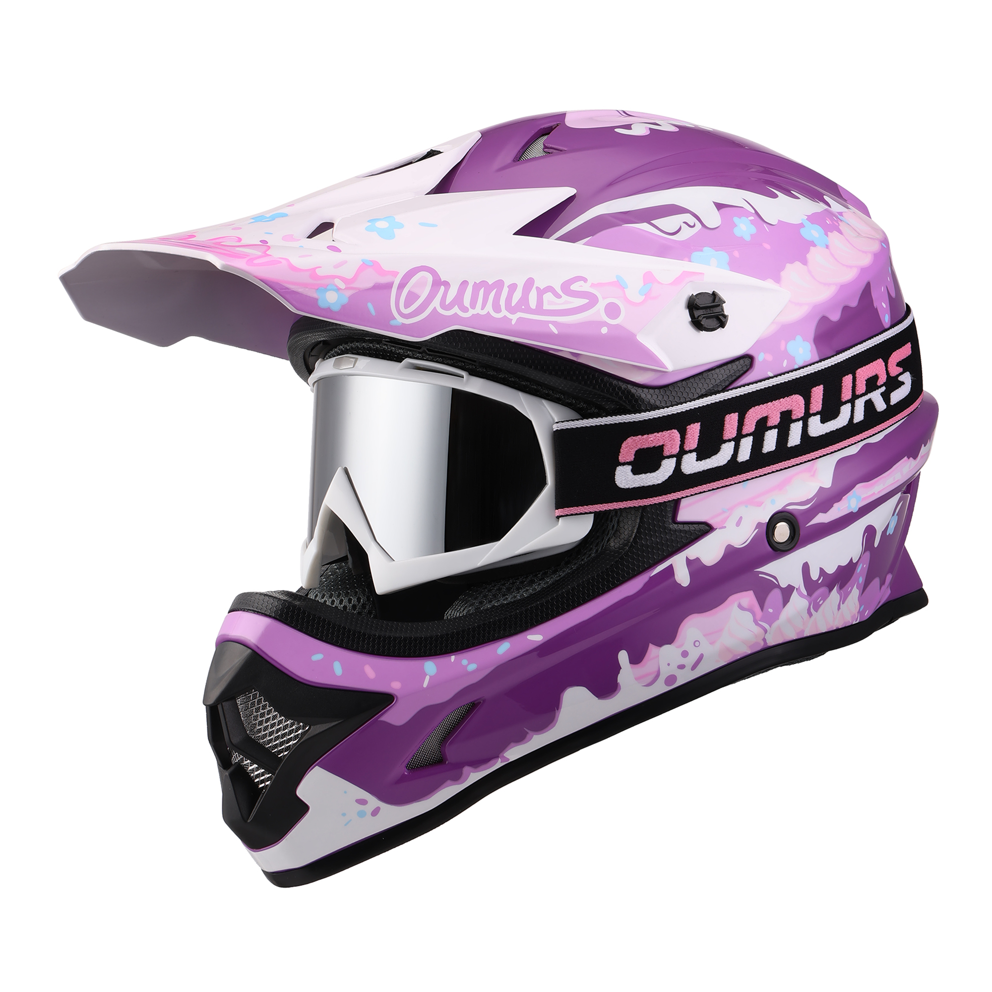 Oumurs 805 Purple motocross helmet with matching goggles, left front three-quarter view