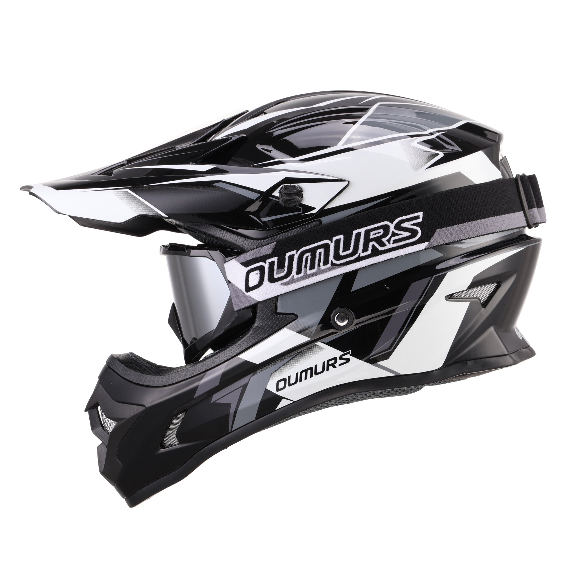 Oumurs 805 victory gray motocross helmet with matching goggles, left-side view