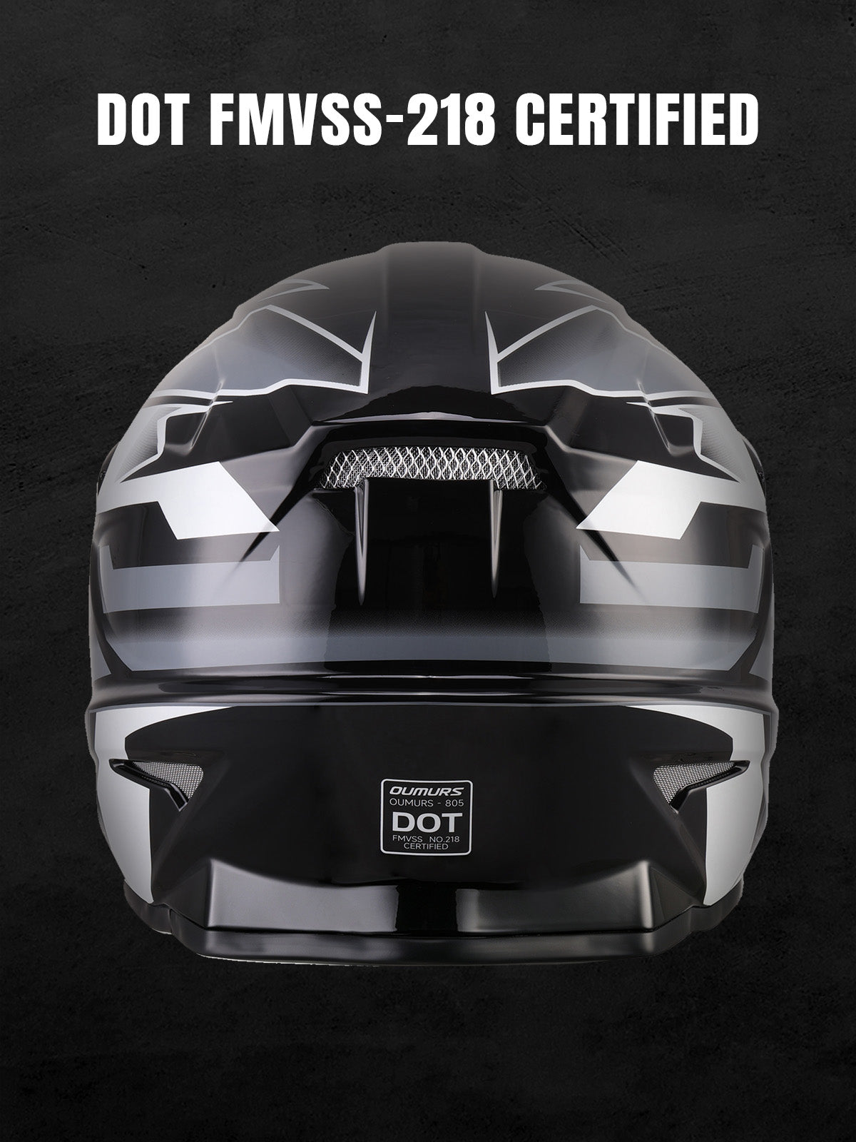 Oumurs 805 Victory Gray off-road helmet shown from the rear, featuring the brand name and DOT FMVSS 218 certification label.