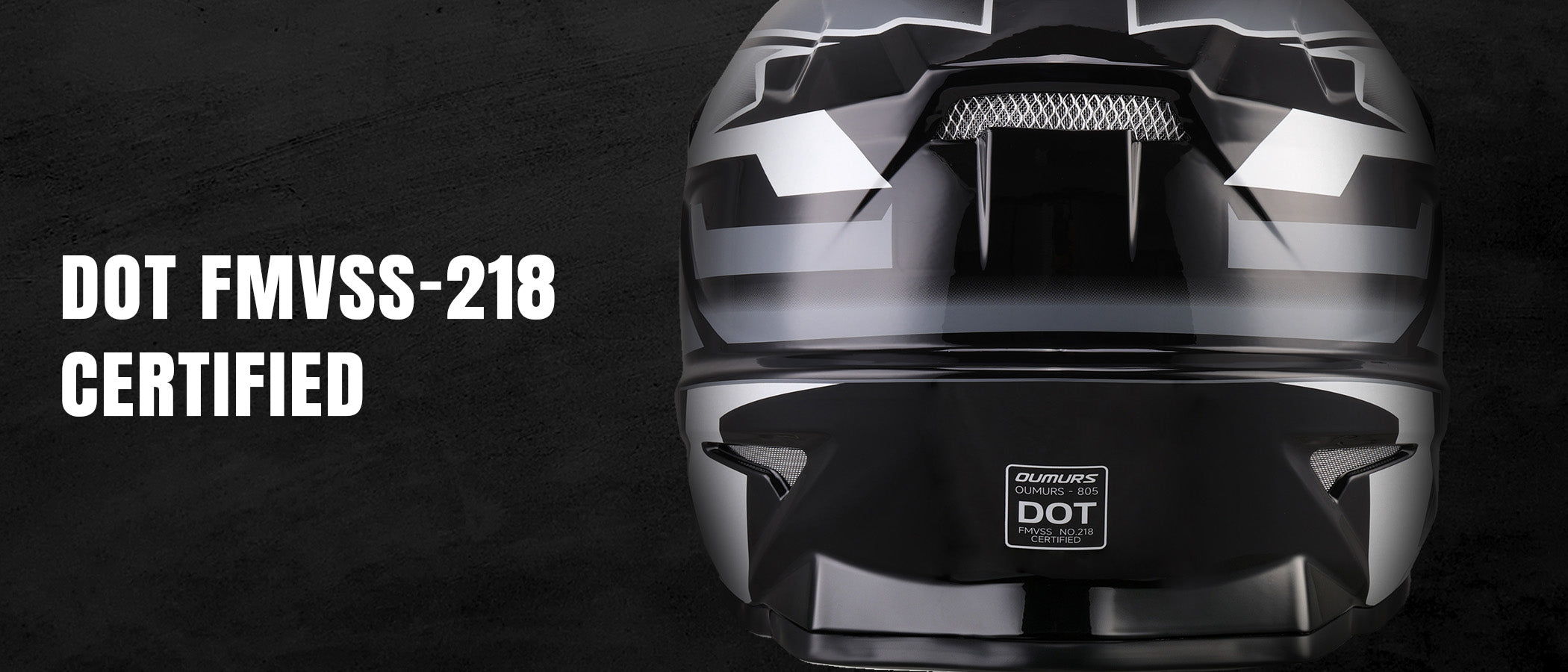 Oumurs 805 Victory Gray off-road helmet shown from the rear, featuring the brand name and DOT FMVSS 218 certification label.