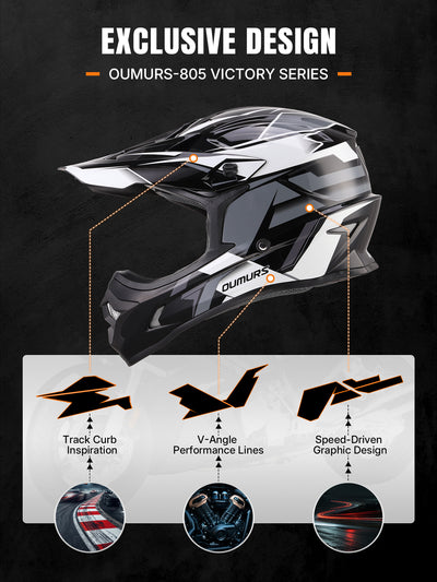 Oumurs 805 Victory Series off-road helmet's design inspiration: track curb, V-angle engine, and dynamic speed lines.