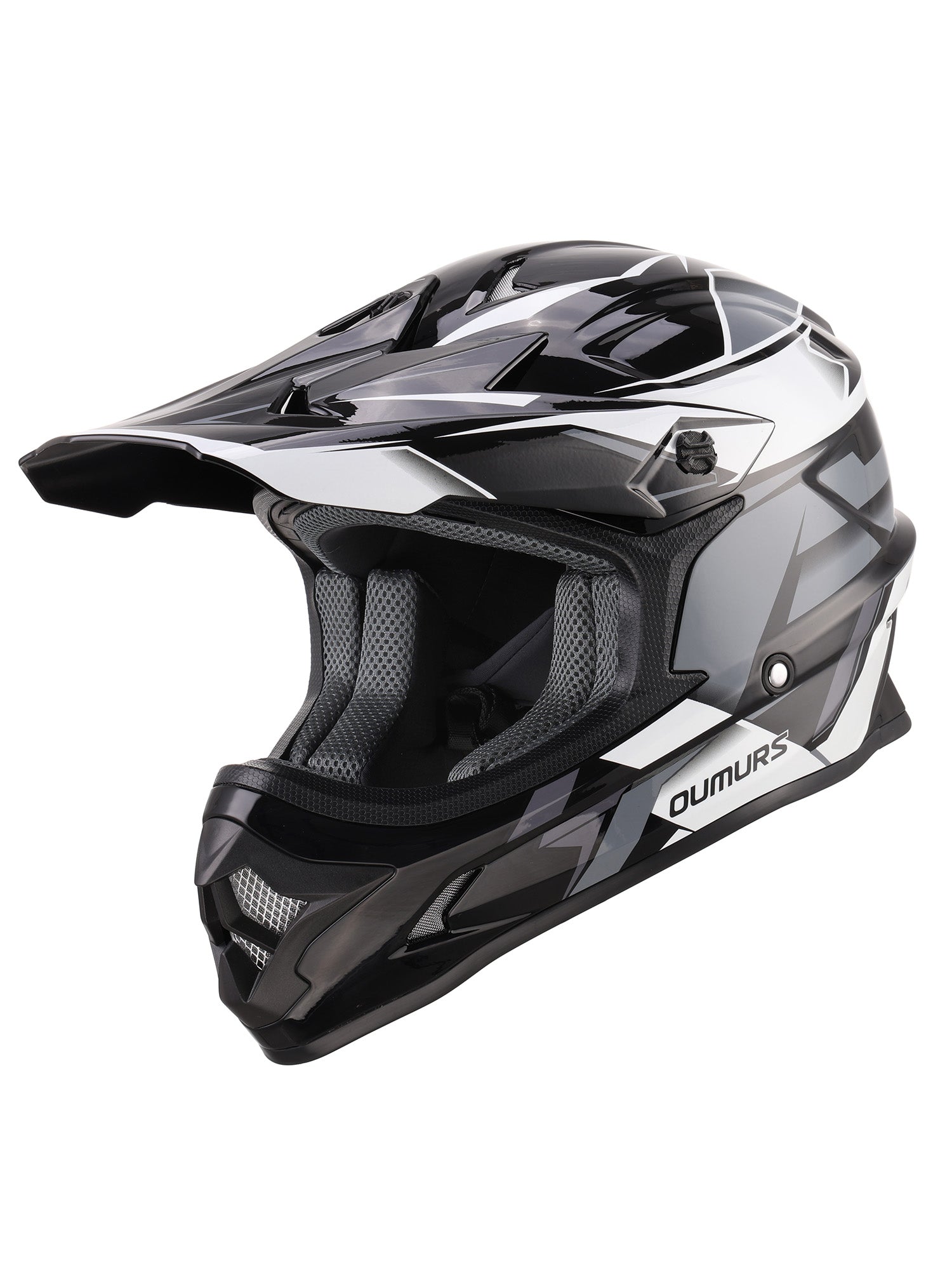 Oumurs 805 Victory Gray motocross helmet, left front three-quarter view