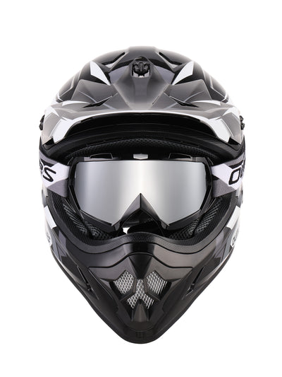 Oumurs 805 Victory Gray off-road motocross helmet with goggles, front view