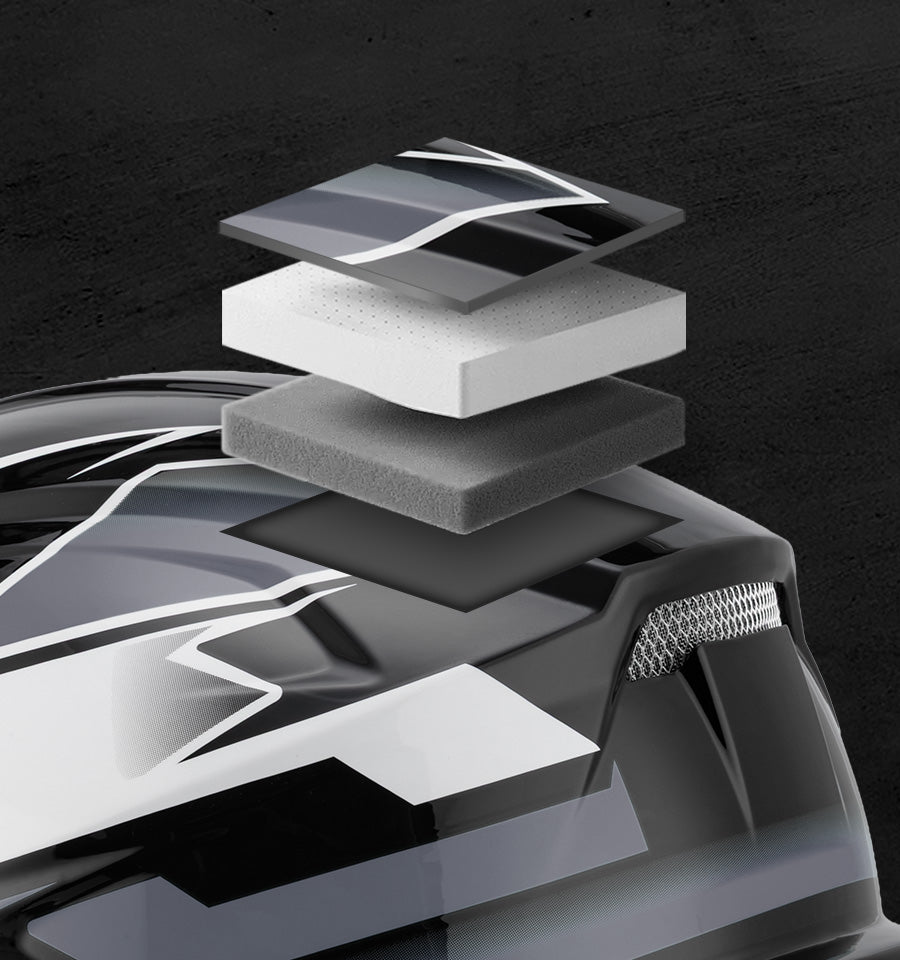 Exploded view of the Oumurs 805 victory gray off-road helmet's layers: ABS hard shell, EPS buffer layer, and comfort cushioning lining.
