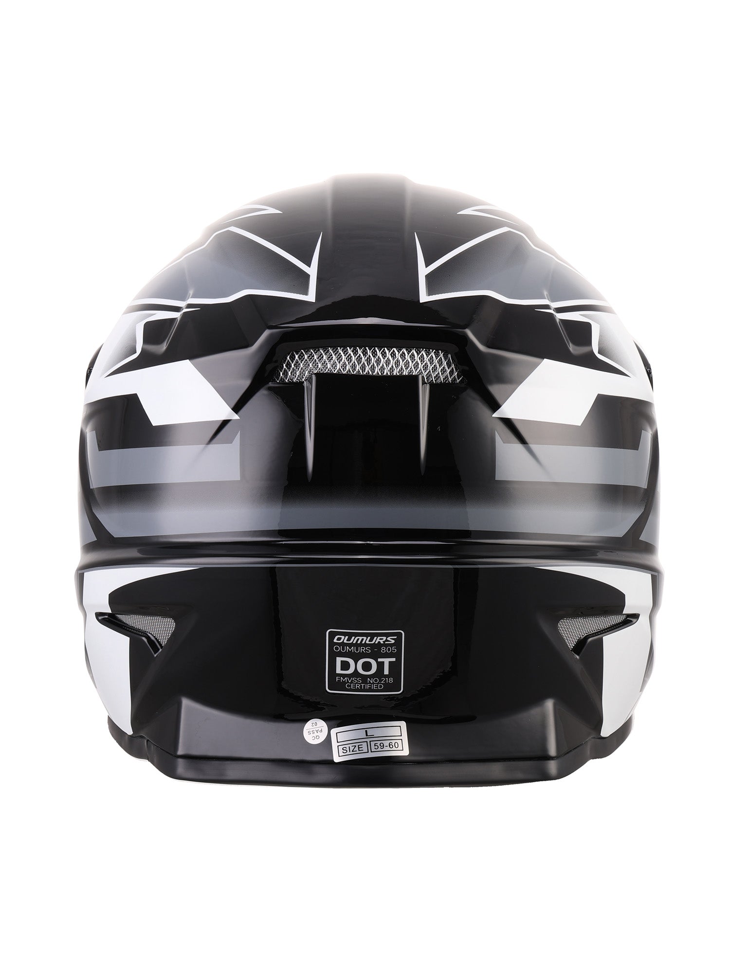 Oumurs 805 Victory Gray off-road helmet shown from the rear, featuring the brand name and DOT FMVSS 218 certification label.