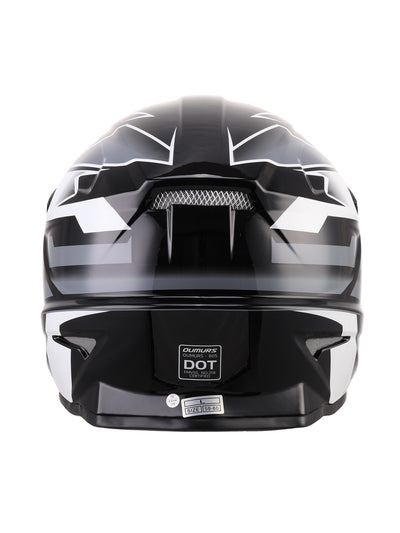 Oumurs 805 Victory Gray off-road helmet shown from the rear, featuring the brand name and DOT FMVSS 218 certification label.