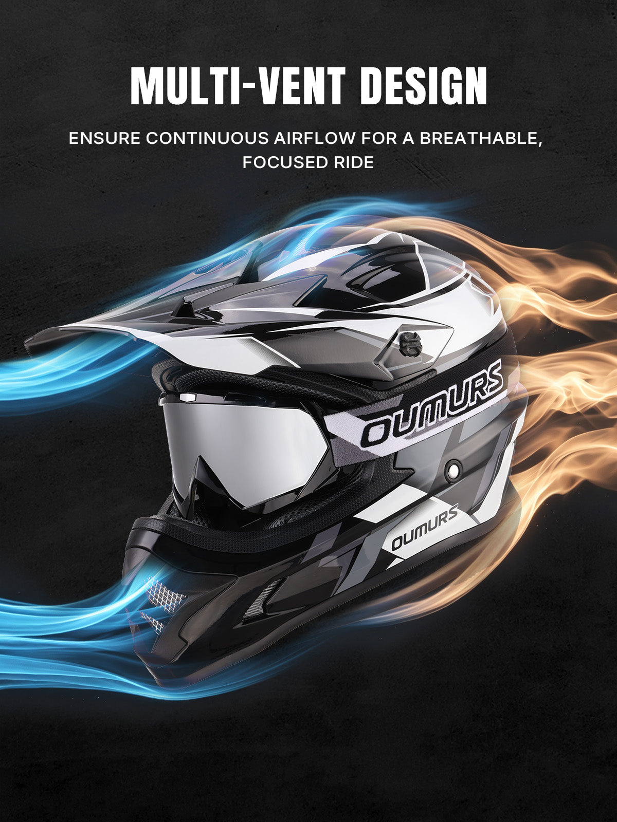 Oumurs 805 Victory Gray off-road helmet with goggles featuring multi-vent airflow design showing fresh, cool air intake and stale air exhaust.