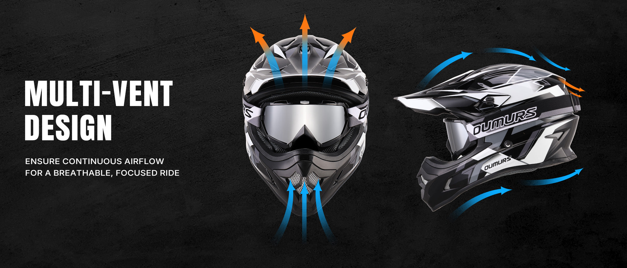 Front and side view of the Oumurs 805 Victory Gray off-road helmet showing multi-vent design, with arrows indicating airflow entering through the front and top vents and exiting the rear vent