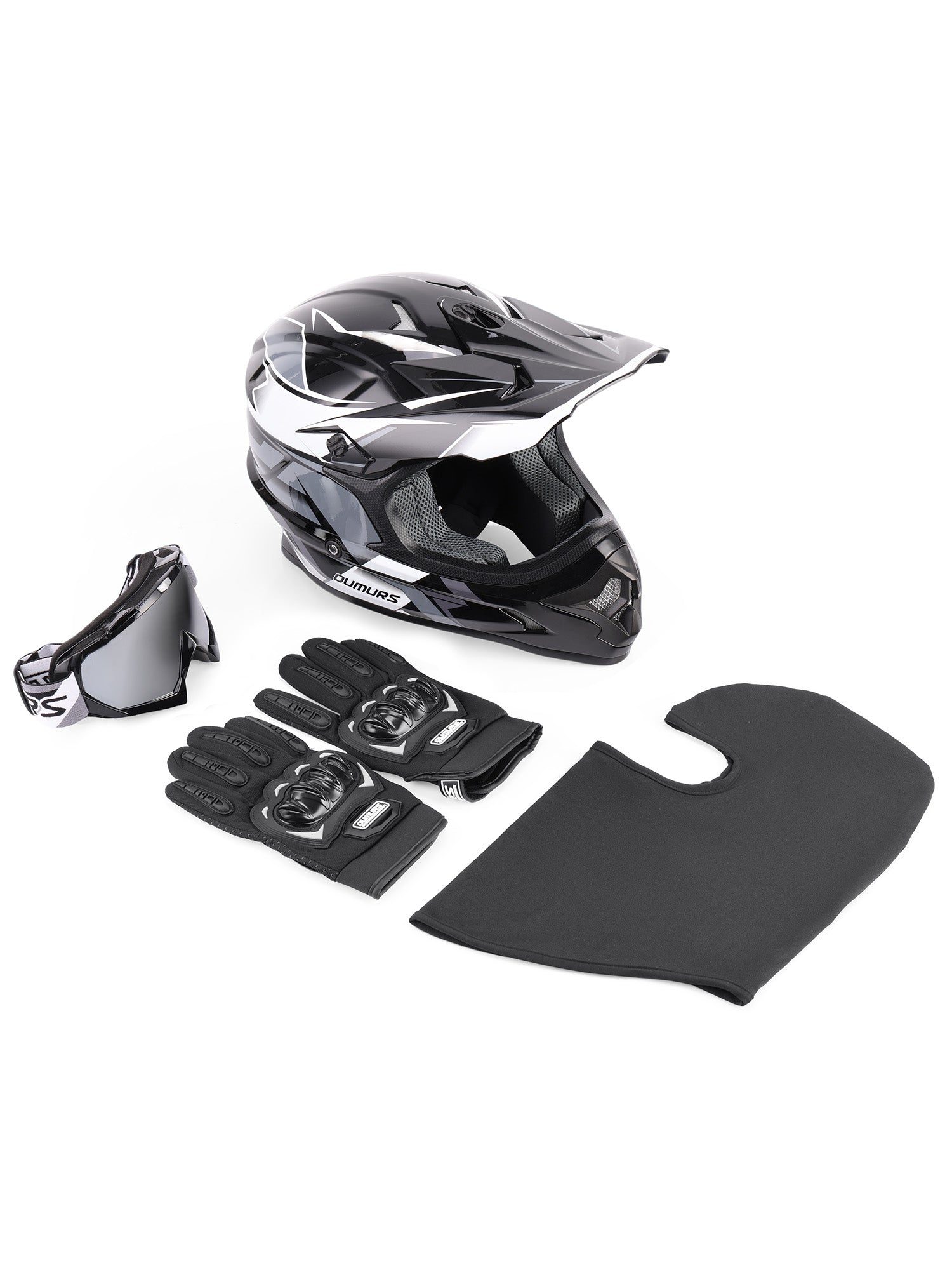An Oumurs 805 victory gray motocross helmet displayed with its matching accessories, including a pair of black gloves, a pair of matching goggles, and a black balaclava.