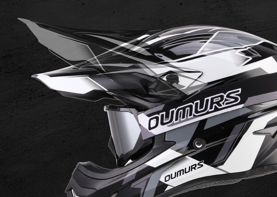 Close-up of the Oumurs 805 Victory Gray off-road helmet's adjustable peak lifted at an different angle.