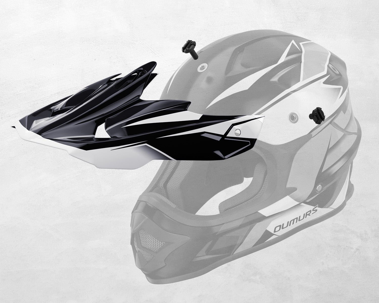 The Oumurs 805 victory gray off-road helmet's peak shown detached with mounting screws.