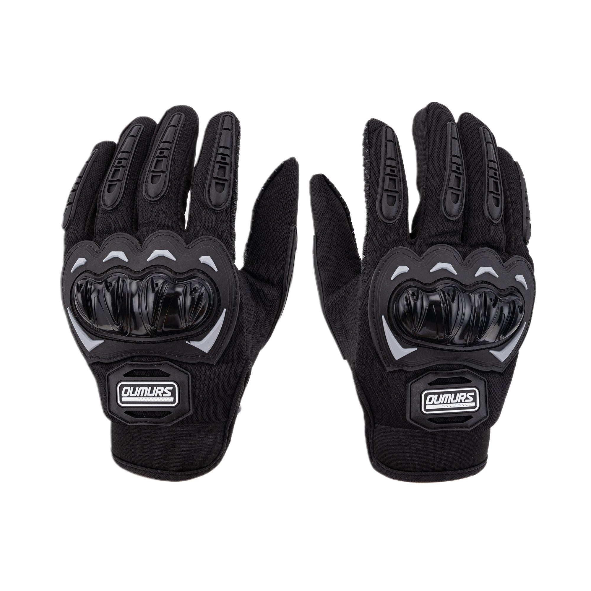 A pair of black protective motorcycle gloves with gray and black knuckle protection and the 'Oumurs' brand logo