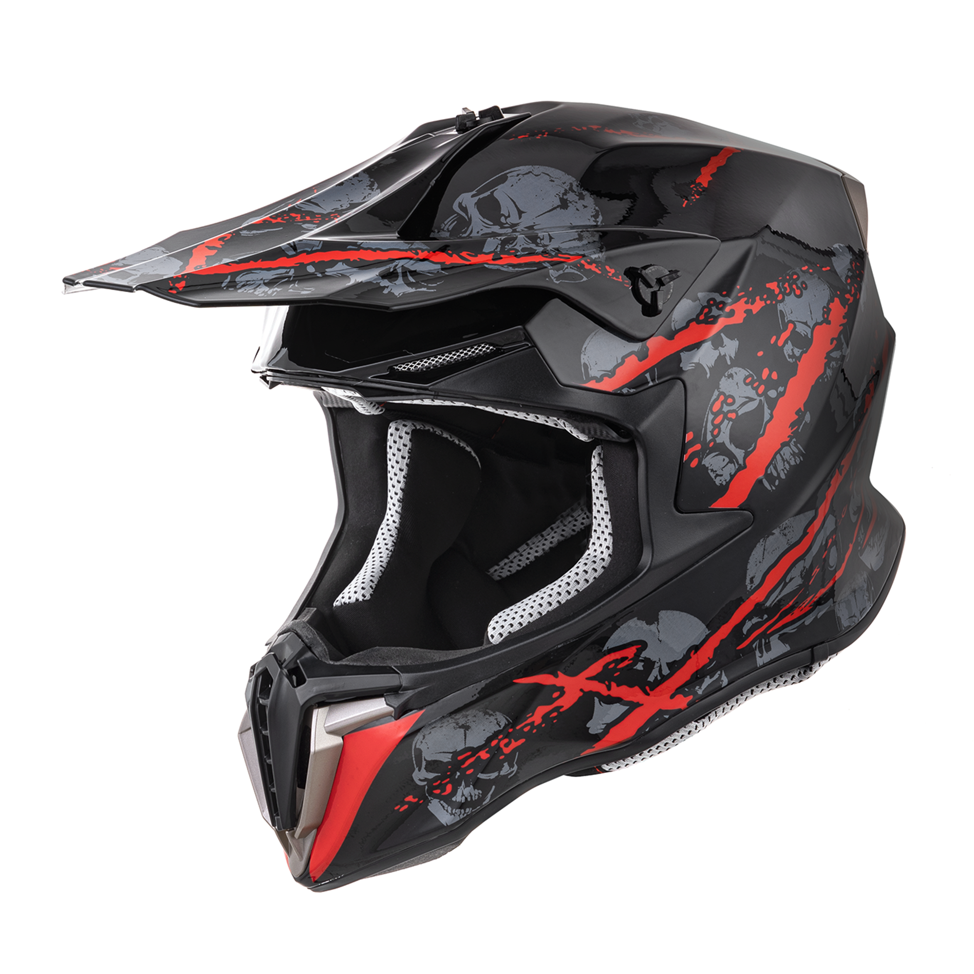 Oumurs 806 Red Skull motocross helmet, left front three-quarter view