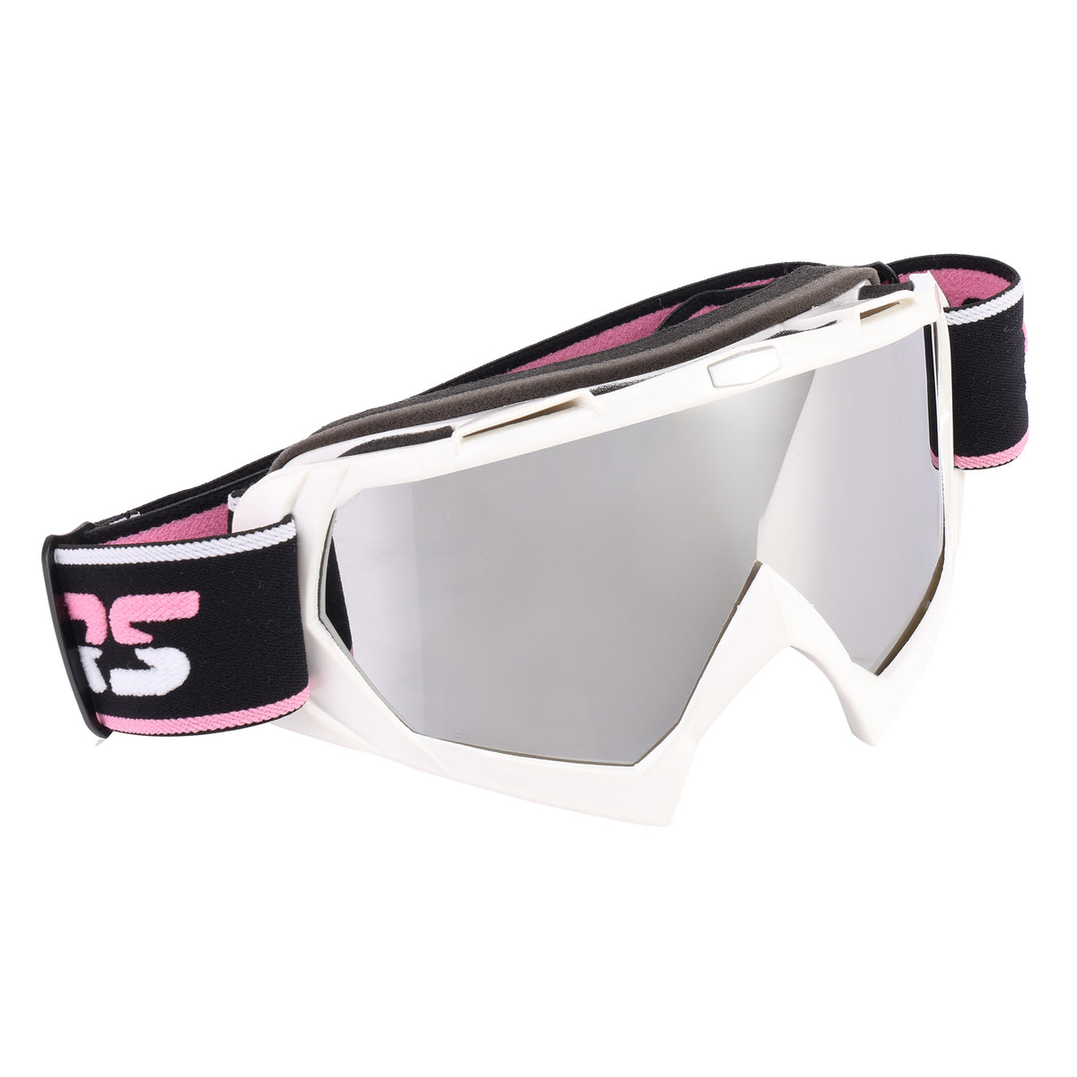 White ski goggles with a silver mirrored lens, featuring a black and pink adjustable strap with a visible RS logo.
