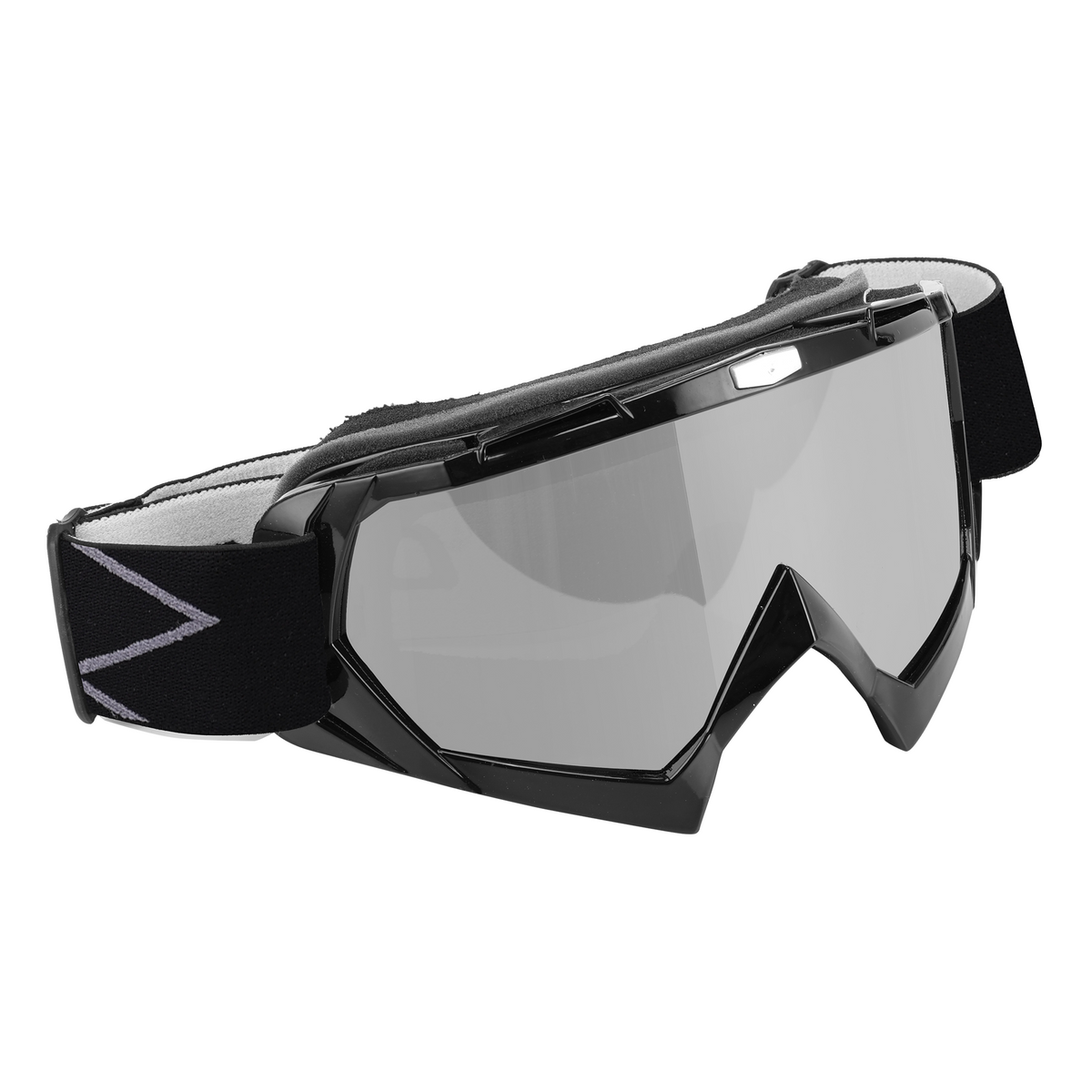Black snow goggles with a large mirrored lens and an adjustable black strap featuring a white geometric logo, shown on a plain white background.