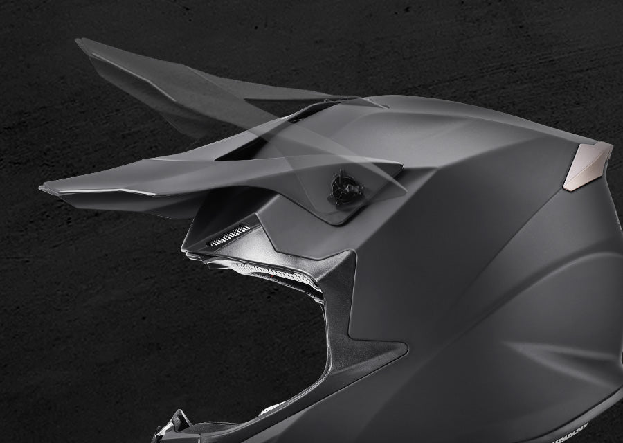Close-up of the Oumurs 806 Matte Black helmet's adjustable peak lifted at an different angle.