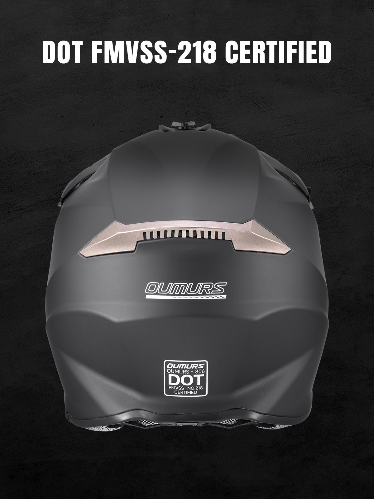 Oumurs 806 Matte Black off-road helmet shown from the rear, featuring the brand name and DOT FMVSS 218 certification label.