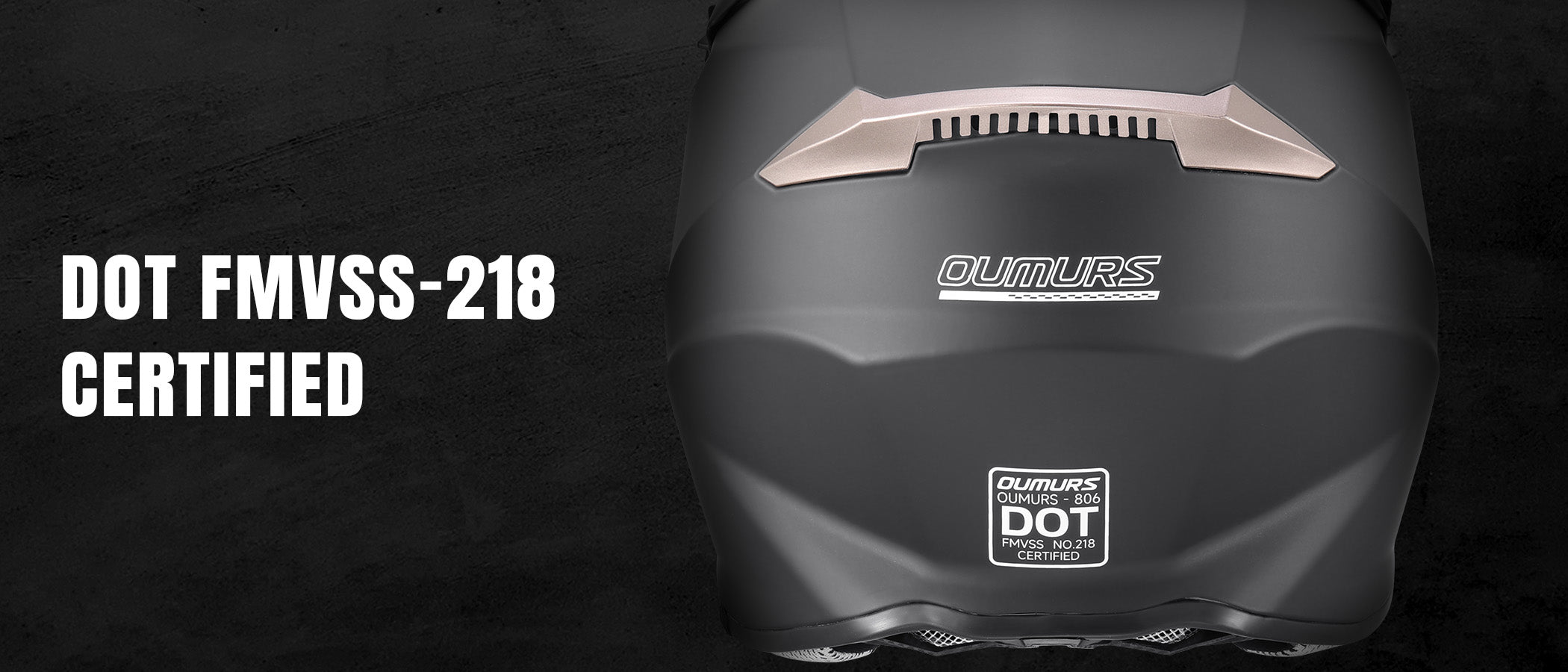 Oumurs 806 Matte Black off-road helmet shown from the rear, featuring the brand name and DOT FMVSS 218 certification label.