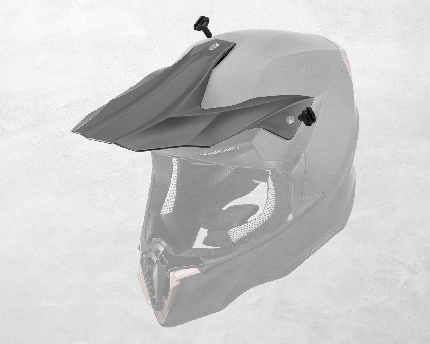 Close-up of the Oumurs 806 Matte Black helmet's peak shown detached from the shell, with mounting screws