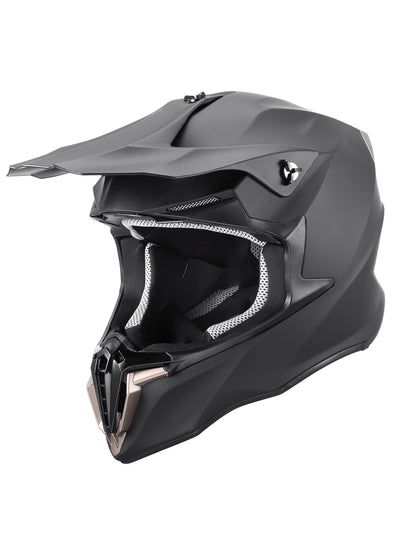 Oumurs 806 matte black motocross helmet, left front three-quarter view